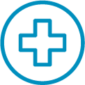 Ícone com o desenho simples de uma cruz dentro de um círculo geralmente utilizada no campo da saúde representando equipe especializada em prevenção e qualidade de vida