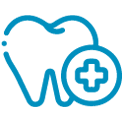 Ícone com o desenho simples de um dente com um selo com o desenho de uma cruz típica da saúde representando Plano Odontológico