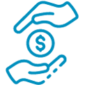 Seguros empresariais - Previdência Privada - Ícone com um desenho simples de duas mãos em volta de uma moeda em forma de proteção representando a Previdência Privada.