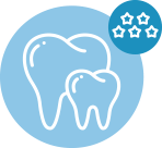Símbolo de um dente com cinco estrelas ao lado representando o Plano Odontológico Master Ouro